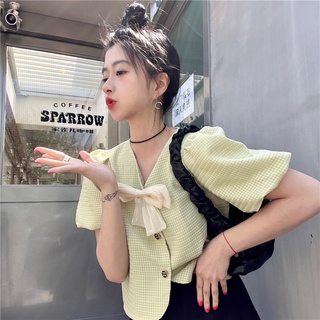 Áo Sơ Mi Tay Phồng Cổ Chữ V Thắt Nơ Họa Tiết Kẻ Sọc Mẫu Mới Phong Cách Pháp Thời Trang Xuân Hè Cho Nữ 2022
