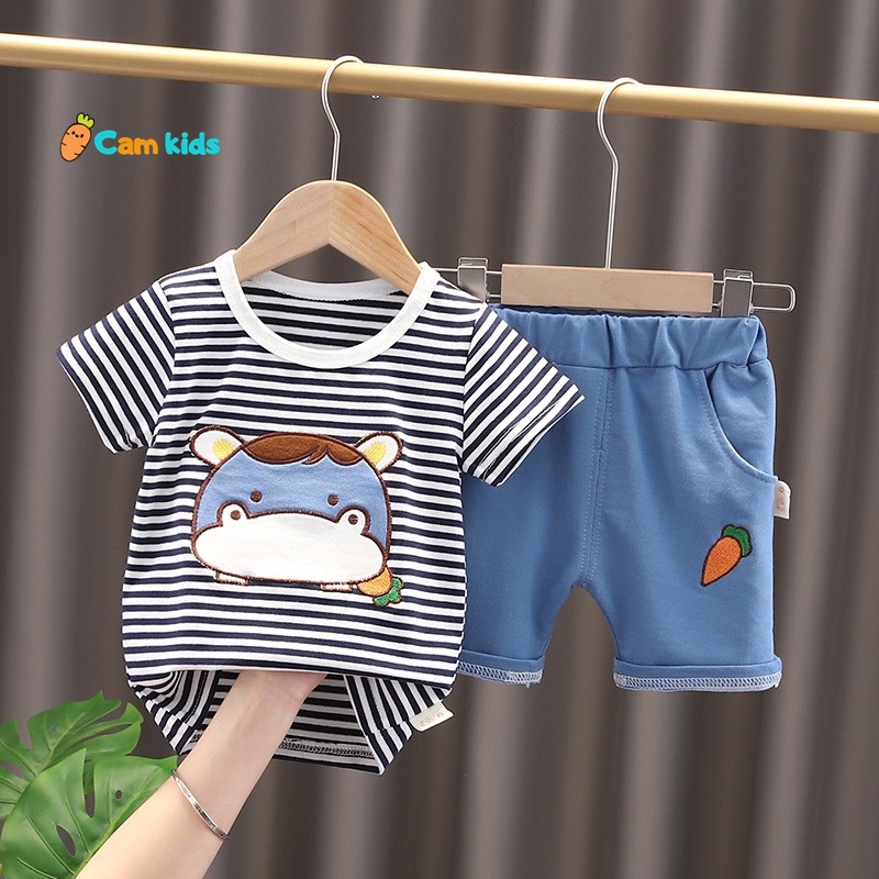 Bộ quần áo cho bé trai mùa hè hình hà mã may nổi chất vải cotton mềm mát size từ 9 kg đến 21 kg