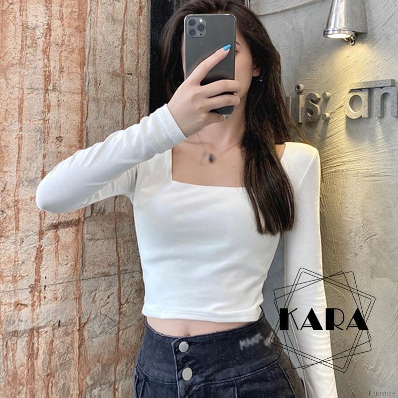 Áo Croptop Tay Dài Cổ Vuông Dáng Ôm Thời Trang Cho Nữ