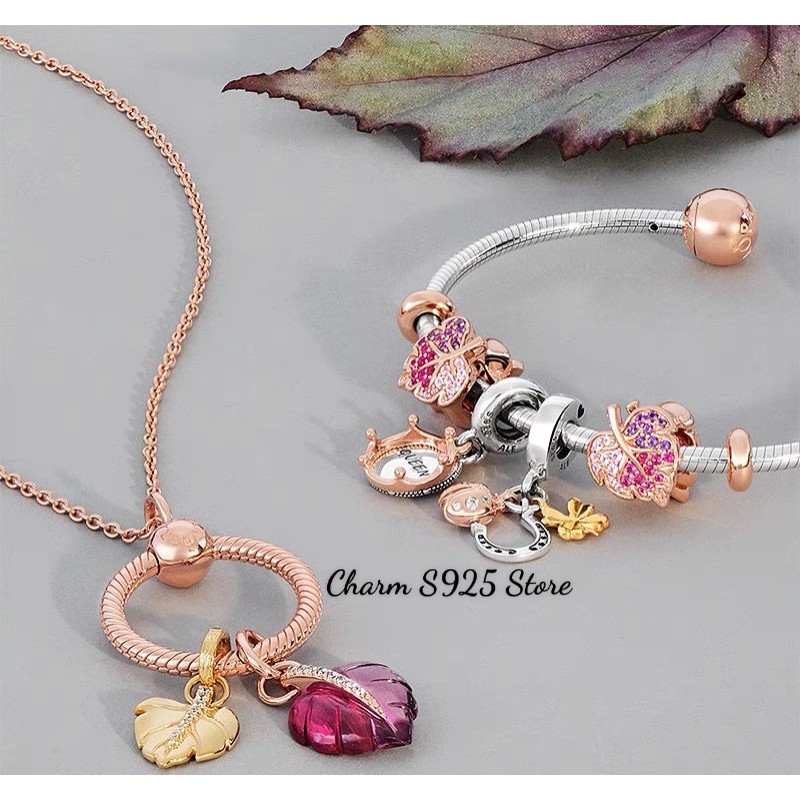 charm pan treo chiếc lá hồng đính đá bạc s925 cao cấp
