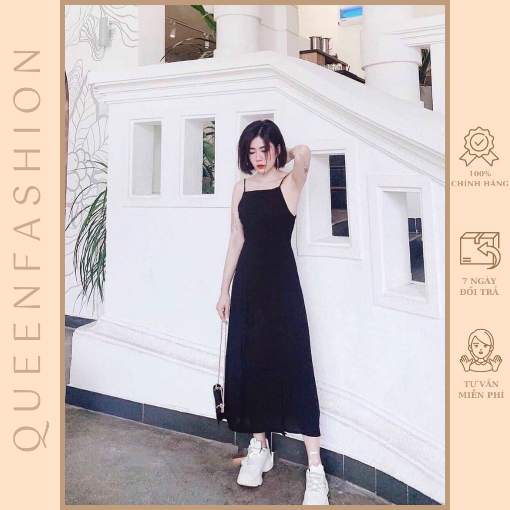 Đầm maxi đen trơn phối 2 dây hở lưng sexy, quyến rũ