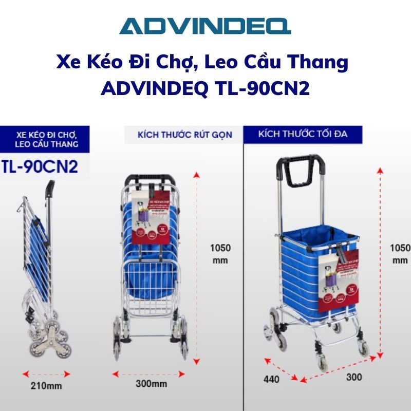 Xe kéo đi chợ ADVINDEQ TL-90CN2 xe đẩy hàng mini có 6 bánh dễ dàng leo cầu thang, tải trọng 60kg bảo hành 12 tháng