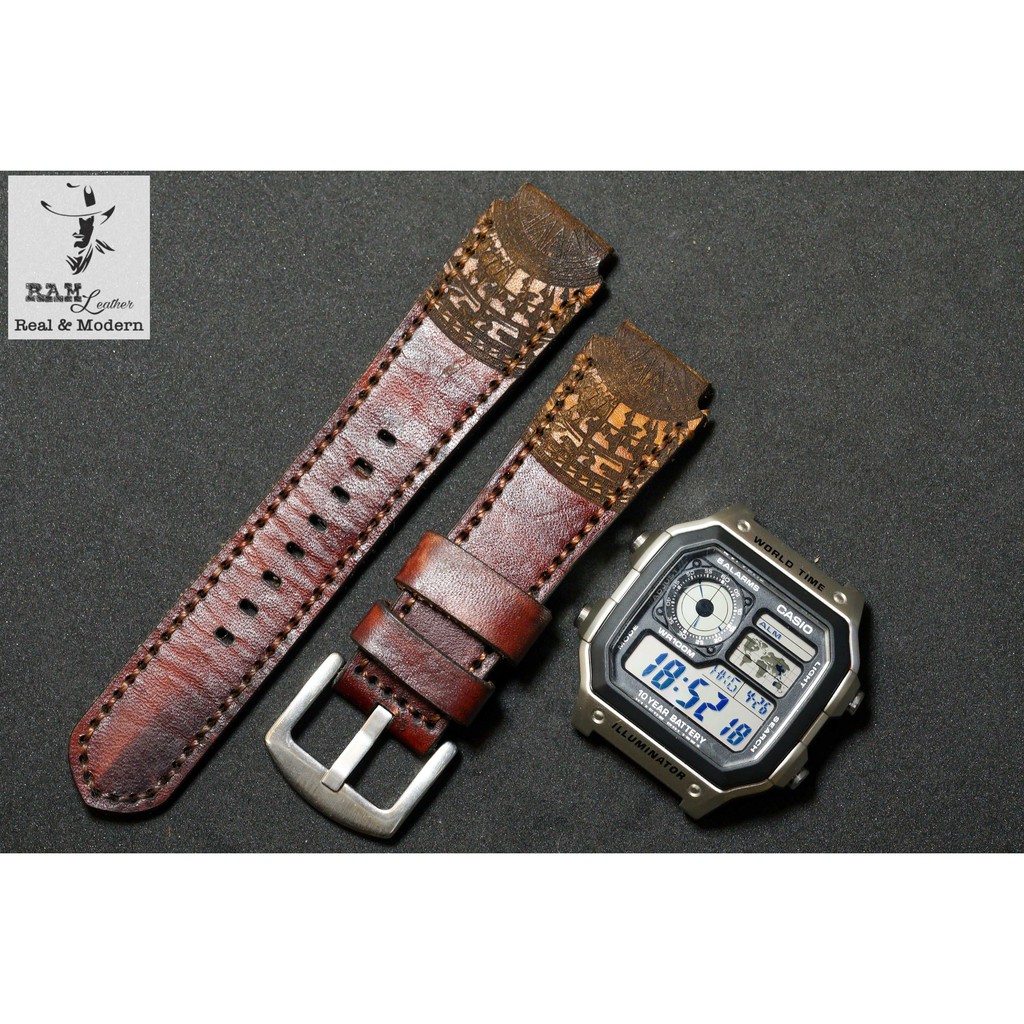 Dây đồng hồ RAM Leather Trống đồng cho CASIO 1200, AE 1200, 1300, 1100, A159 , A168 , Size 18 da bò vegtan mahogany