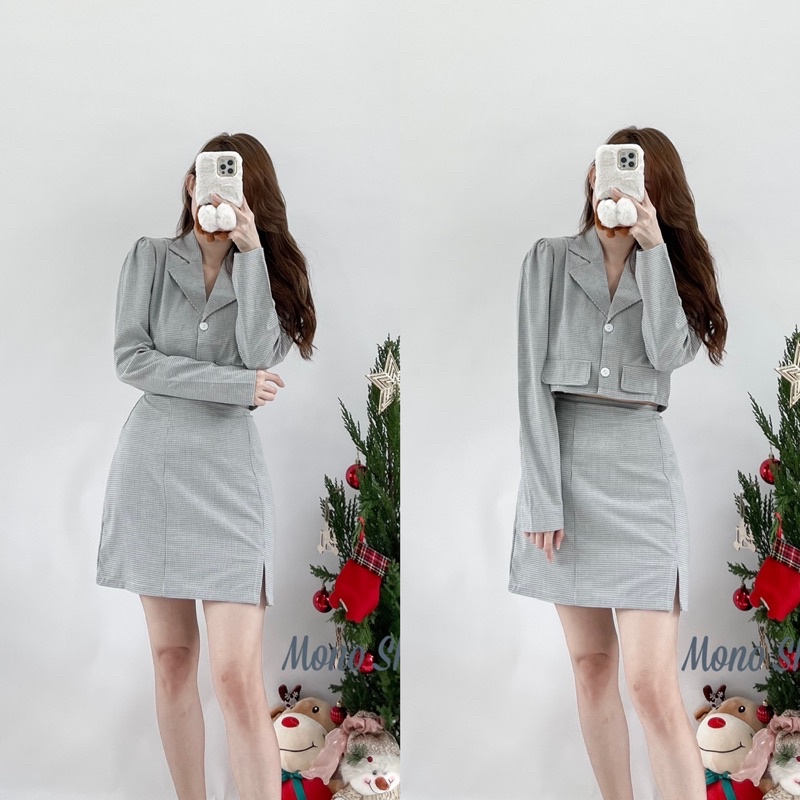 Set áo vest croptop caro nhỏ 2 túi nắp giả kèm chân váy chữ A xẻ tà Ảnh thật/ sẵn