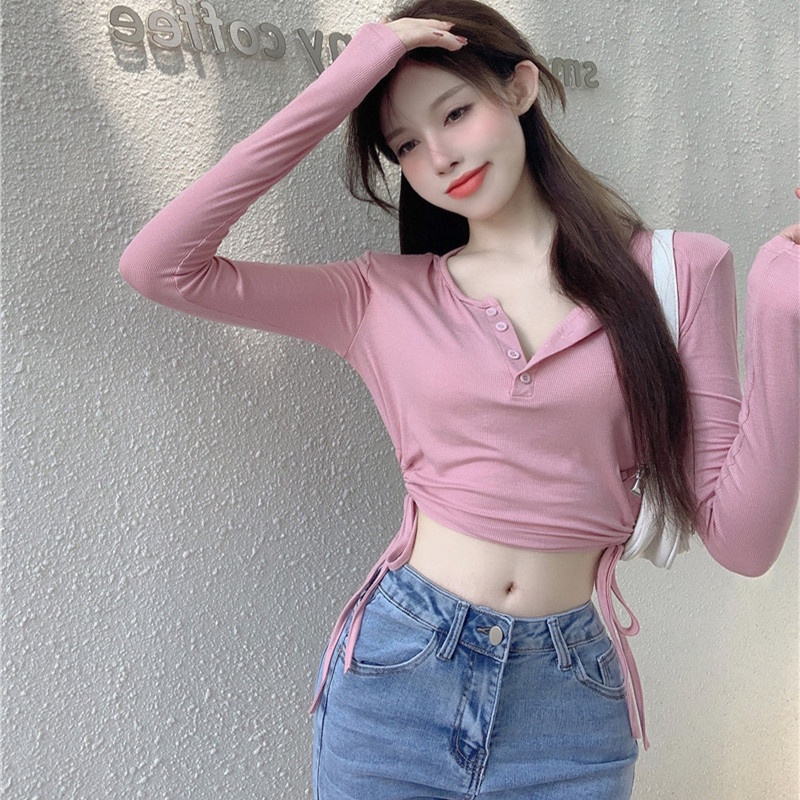 Áo thun tay dài dáng ngắn thiết kế khoét quyến rũ thời trang dành cho nữ