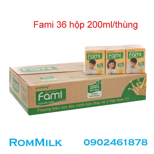 Sữa Đậu Nành Fami Nguyên Chất, CanXi 200ml thùng 36 hộp