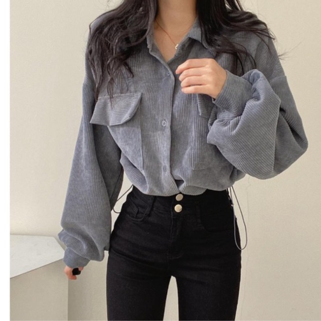 Áo sơ mi dài tay dáng croptop chất nhung tăm , áo sơ mi dáng lửng chất nhung tăm