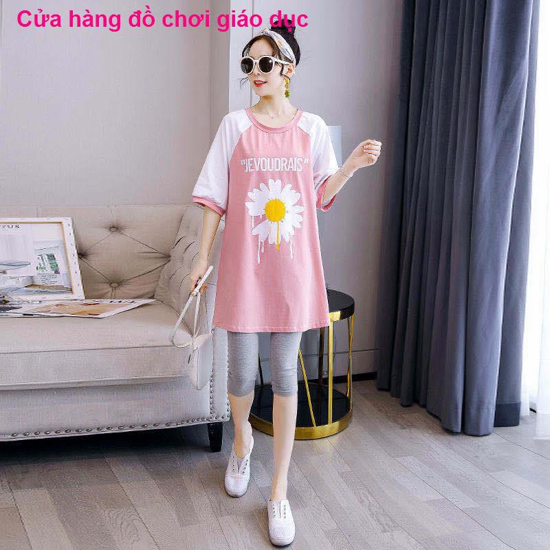 SHOP XINH Váy bà bầu quần áo mùa xuân và hè suông rộng kết hợp thời trang Hàn Quốc ngắn tay / bộ <