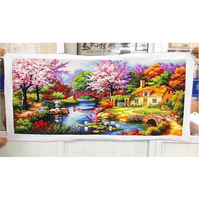 Tranh thêu chữ thập Phong Cảnh Mùa Xuân Ấm Áp LV3007 (84 x 43 cm)  LV3008 (132 x 62 cm) - tự thêu - thêu kín