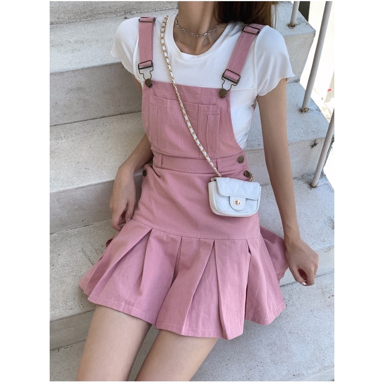 Đầm hai dây XIAOZHAINV dáng chữ A xếp ly màu hồng thời trang phong cách Hàn Quốc cho nữ