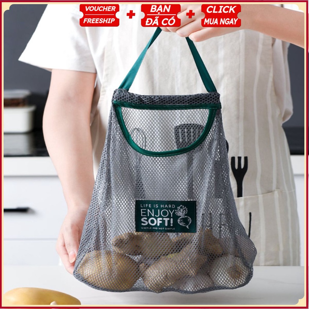 Túi Treo Rau Củ - Lưu Trữ Hành Tỏi Tránh Mốc Lưới Đan ENJOY SOFT, Màu Xanh Xám, Hình Tháp