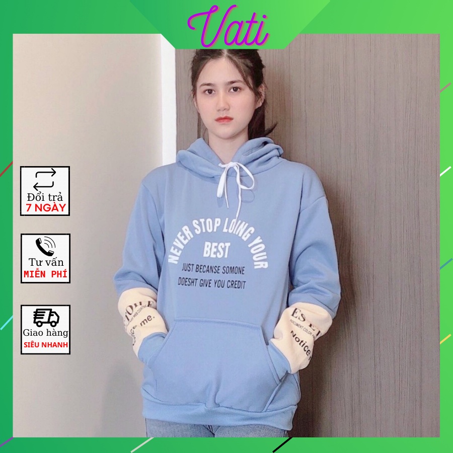 Áo hoodie nỉ cotton quảng châu cao cấp, Áo nỉ vati  in chữ NEVER STOP dáng rộng