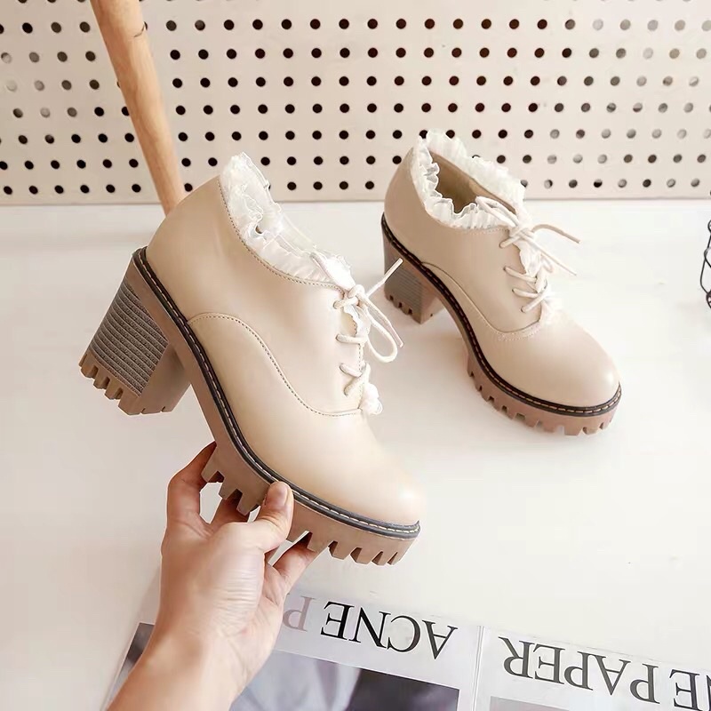 Giày bốt nữ đế cao Tiểu Thư cổ ren Cao Cấp - boots cổ thấp đế độn 2 màu siêu hot | BigBuy360 - bigbuy360.vn