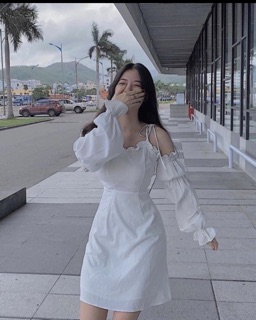🌟Đầm Trắng Rớt Vai Tay Bo( Có Đệm Ngực)