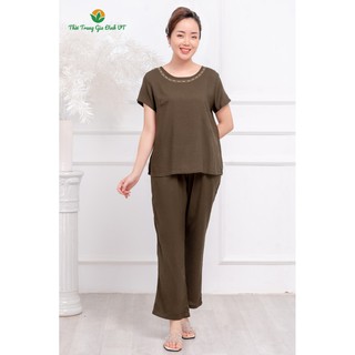 Bộ Lanh quần dài áo cộc tay thêu trung niên