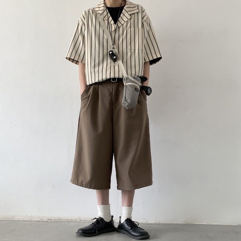 Áo Sơ Mi Ngắn Tay Họa Tiết Kẻ Sọc Phong Cách Retro Dành Cho Nam