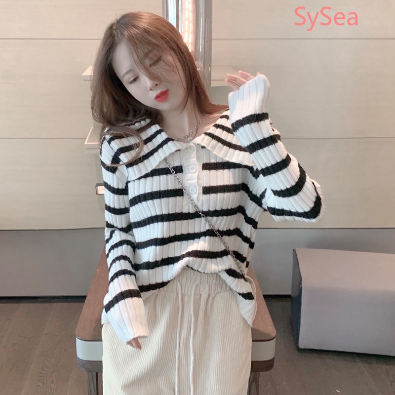 Áo sweater dệt kim tay dài kẻ sọc thời trang mùa xuân cho nữ