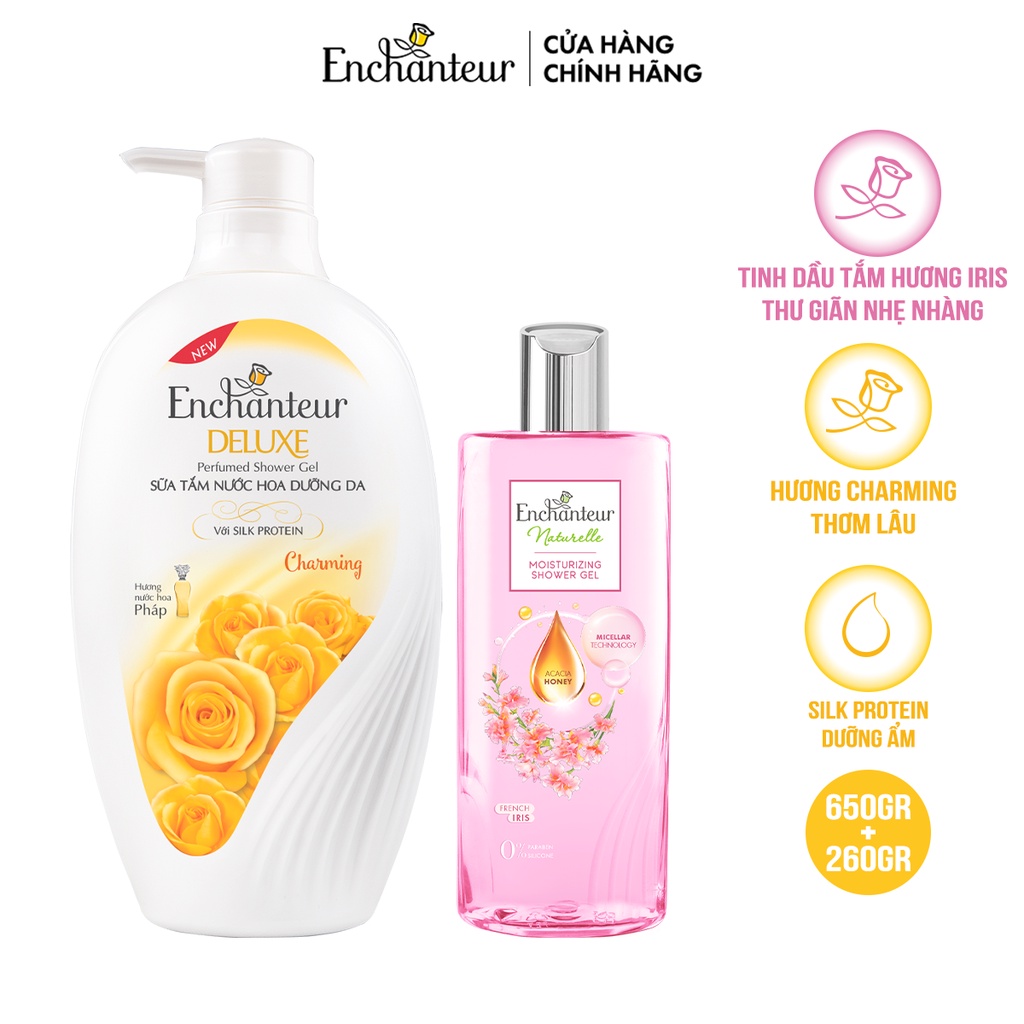 Combo Sữa tắm Enchanteur Naturelle hương hoa Iris 260g + Sữa Tắm Nước Hoa Dưỡng Da Charming 650G