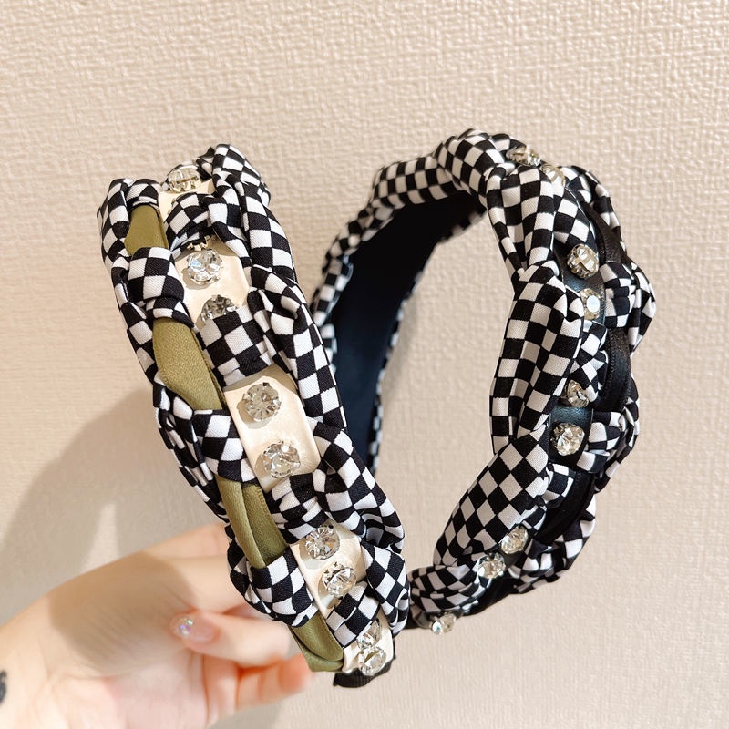 Băng Đô Cài Tóc Vải Họa Tiết Caro Màu Xanh Đen Phong Cách Hàn Quốc