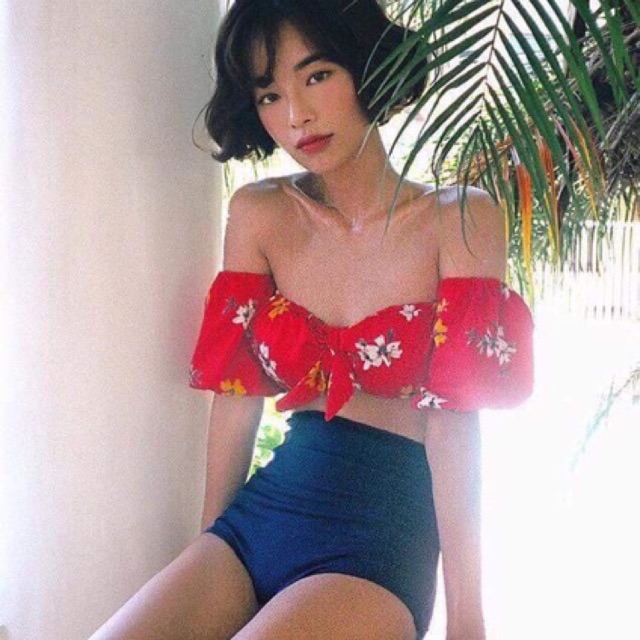 Bikini trễ vai hoa quần cạp cao (có sẵn)_1727