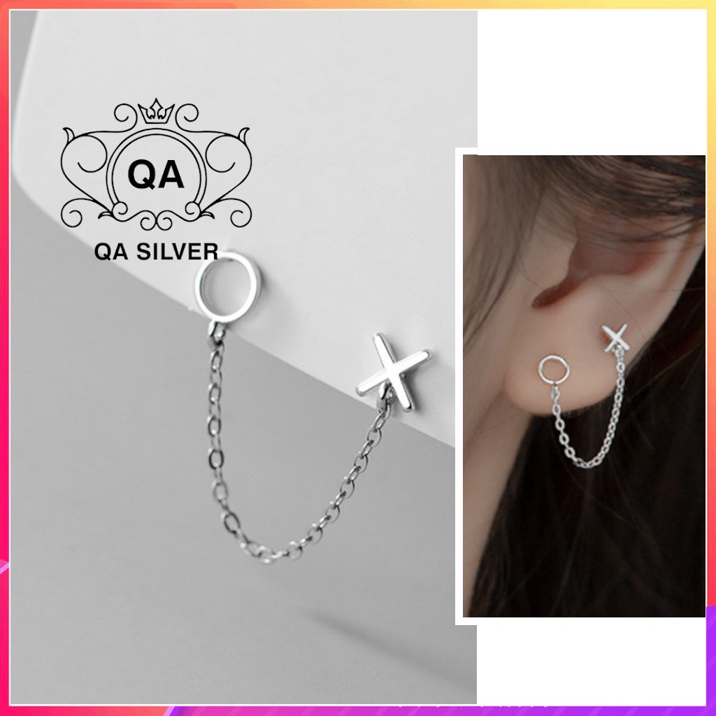 Khuyên tai bạc 2 lỗ XO dây xích bông tai vành nữ S925 CHAIN Silver Earrings QA SILVER EA220701
