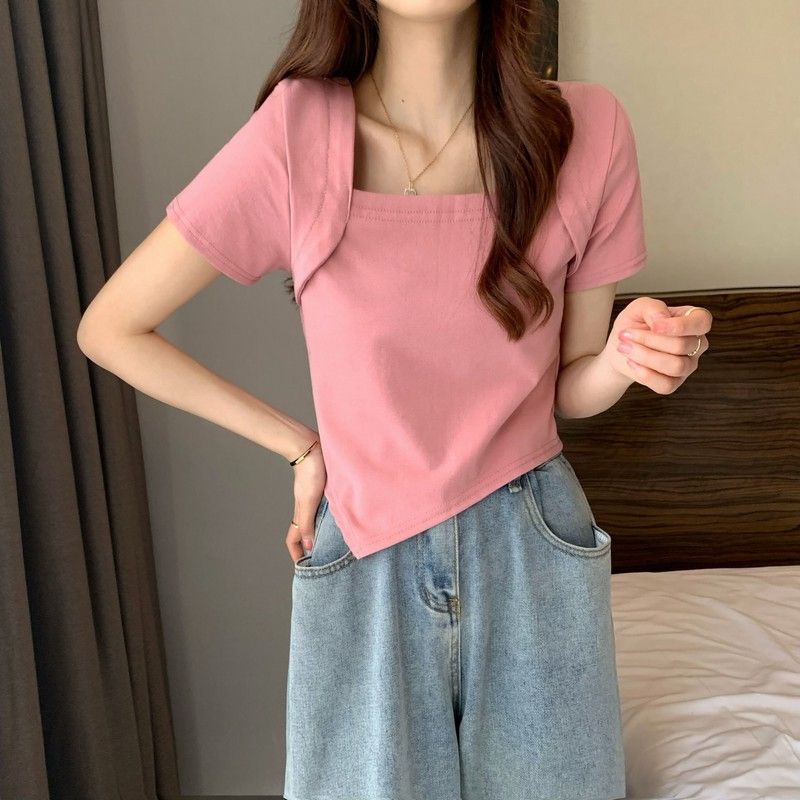 Áo thun SUXI tay ngắn cổ vuông màu trơn dễ phối đồ thời trang mùa hè đơn giản dành cho nữ