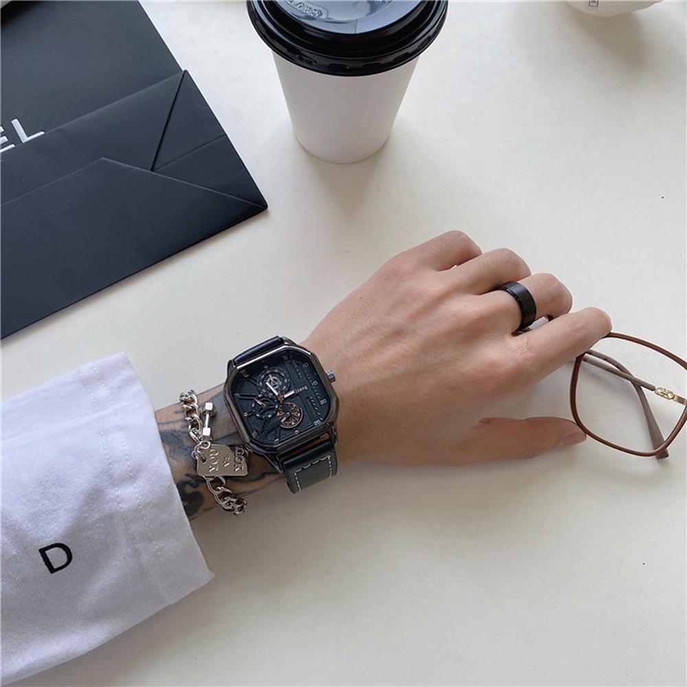 ULZZANG Đồng Hồ Cơ Khí Mặt Vuông Hợp Kim Dây Đeo Mềm Bền Bỉ Thời Trang Cho Cặp Đôi 3 Số