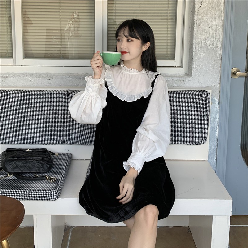 (ORDER) Váy nhung cổ viền sơ mi