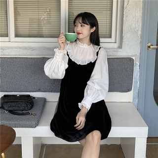 Váy nhung cổ viền sơ mi
