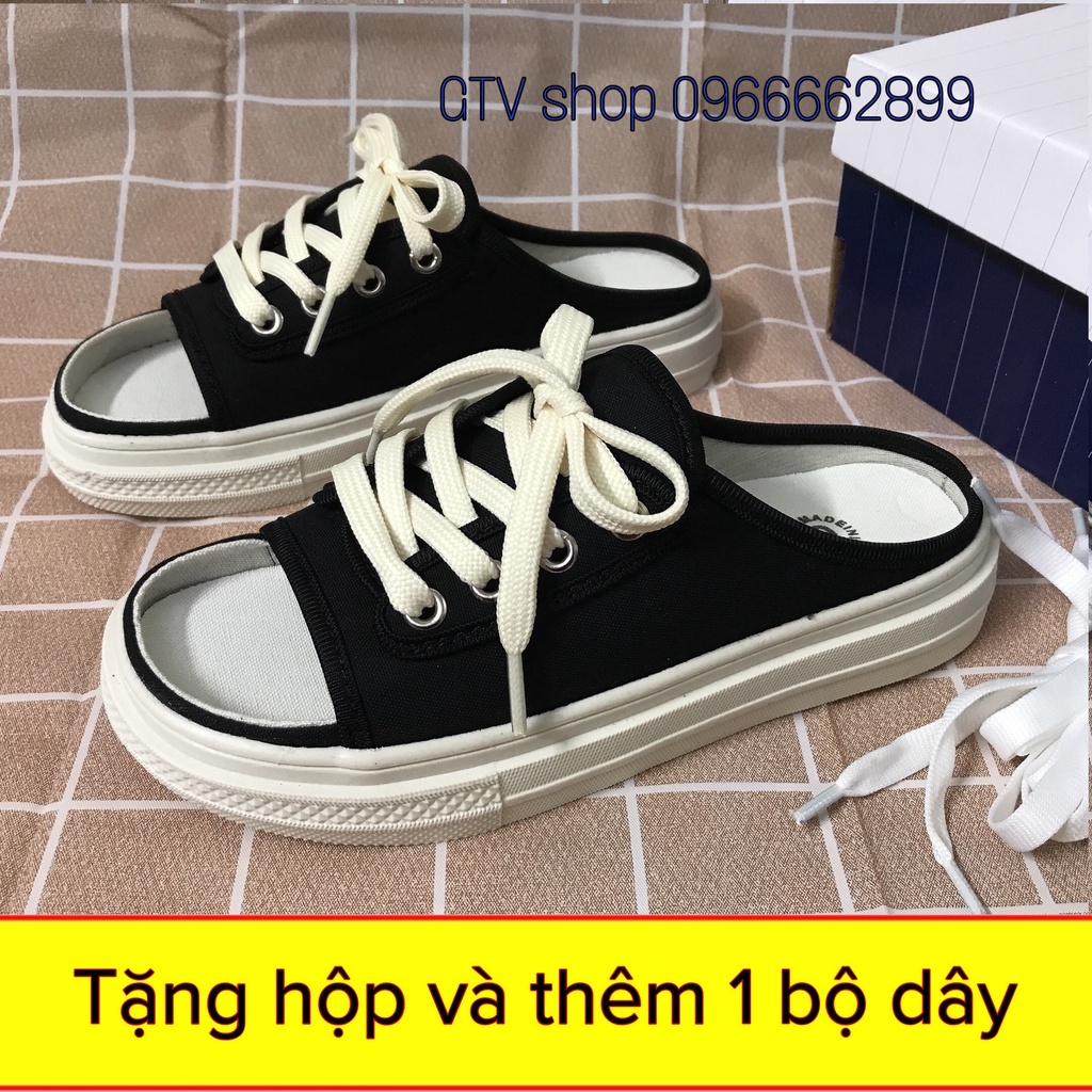 Tặng hộp và 1 bộ dây dự phòng - Giày sục hở mũi dáng thể thao siêu xinh, vải canvas, độn cao 3,5cm, size 35 đến 39.    .