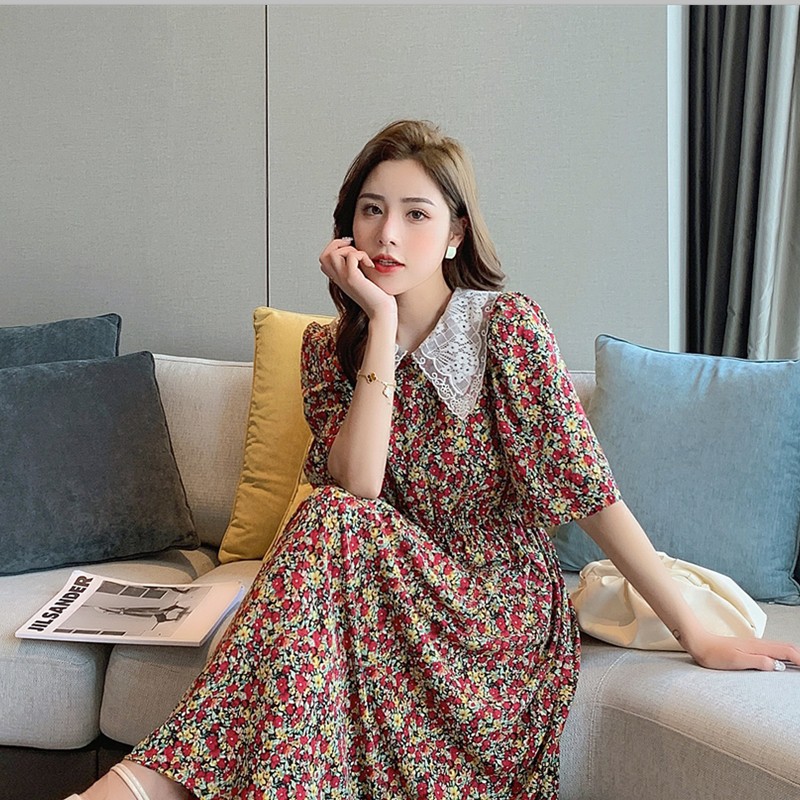 Đầm tay ngắn phối ren in họa tiết hoa phong cách cổ điển tinh tế thời trang