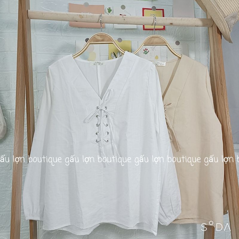 áo sơ mi kiểu cổ v đan dây ngực vintage hàn quốc