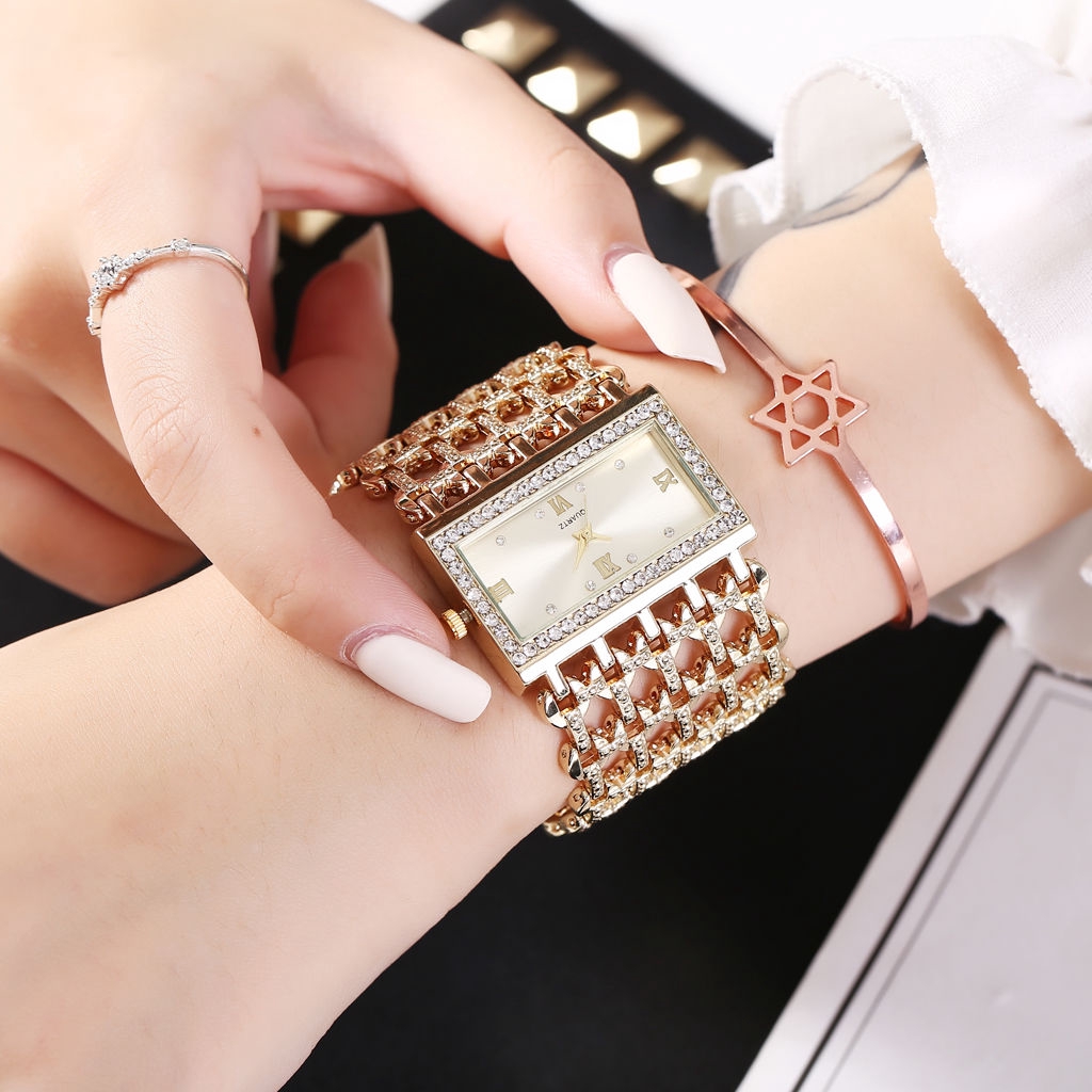 Đồng hồ máy quartz trang trí kim cương giả với dây đeo thép không gỉ hợp thời trang cho nữ