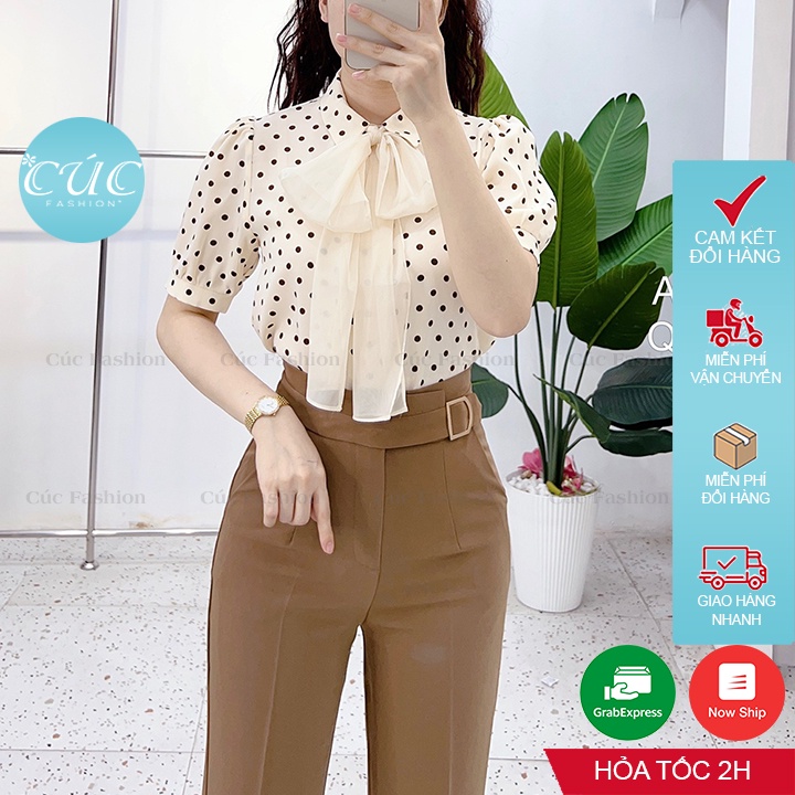 Áo sơ mi nữ CÚC FASHION somi tay ngắn cao cấp vải lụa đẹp thời trang công sở vàng xanh trắng đi học chấm bi nơ tơ A1070