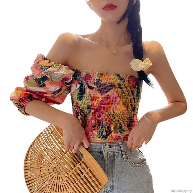 Women Floral Printed Ruffled Irregular Sexy Chiffon Blouse Tops
