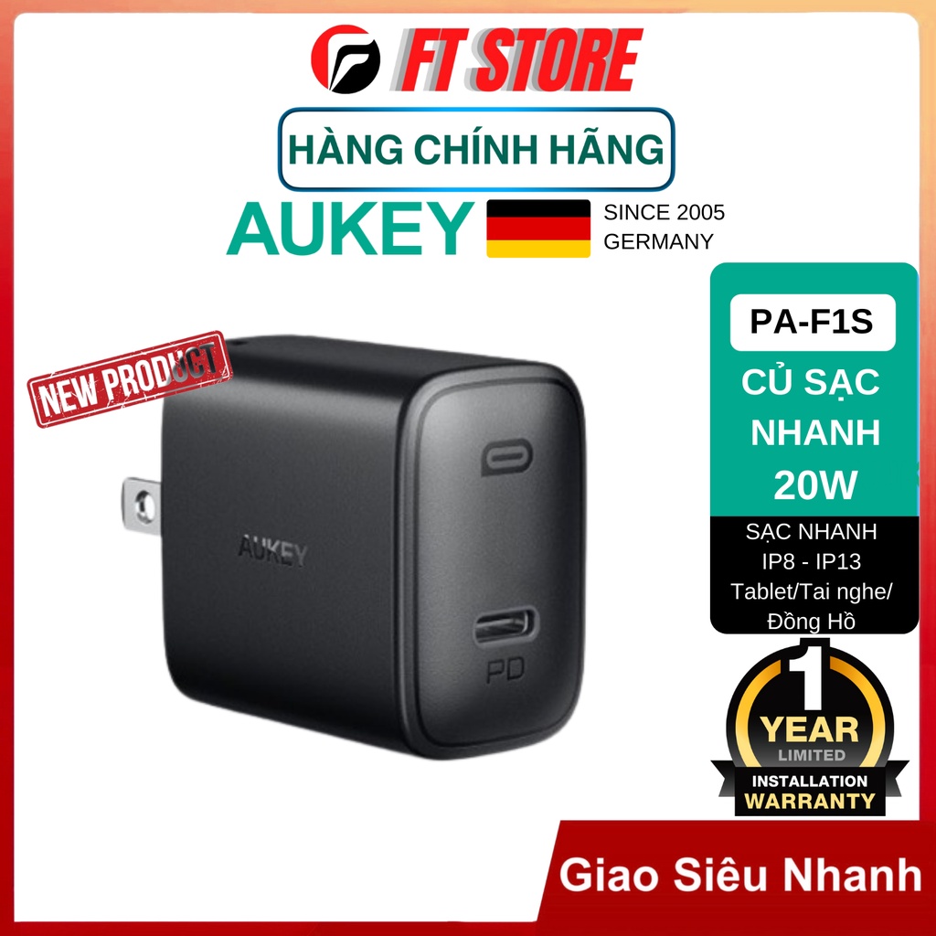 Củ Sạc Nhanh Siêu Nhỏ Aukey PA-F1S Cổng Type C Power Delivery 20W dành cho IP8-IP13/Tablet BH 18TH