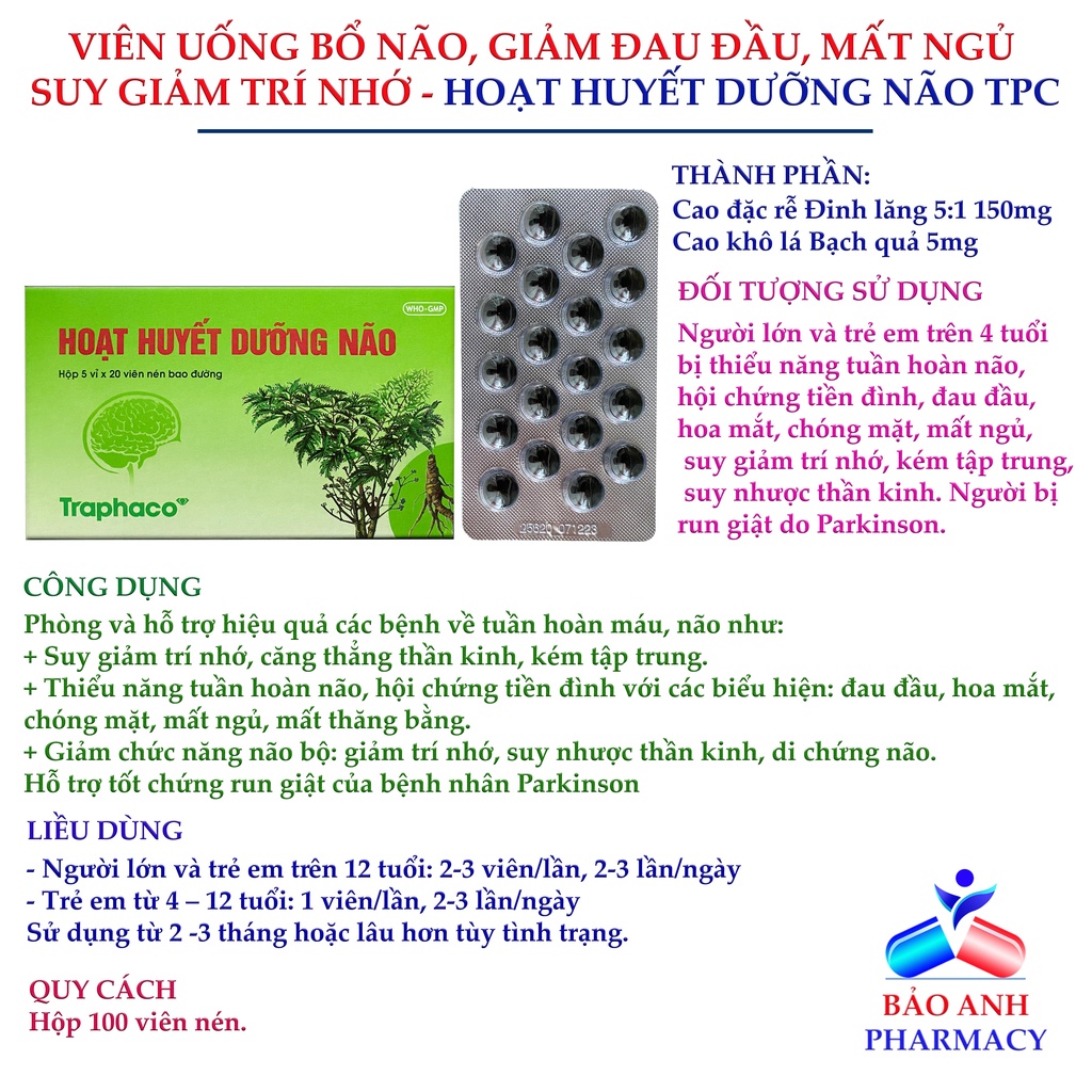 Hoạt huyết dưỡng não Traphaco Hộp 100 viên chứa Đinh lăng, Ginkgo giúp bổ não, giảm đau đầu, mất ngủ, suy giảm trí nhớ