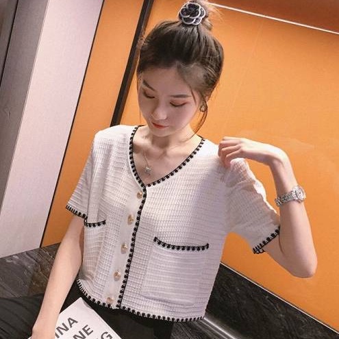 Áo Cardigan Dệt Kim Mỏng Dáng Rộng Tay Ngắn Màu Sắc Tương Phản Thời Trang Mùa Hè Cho Nữ