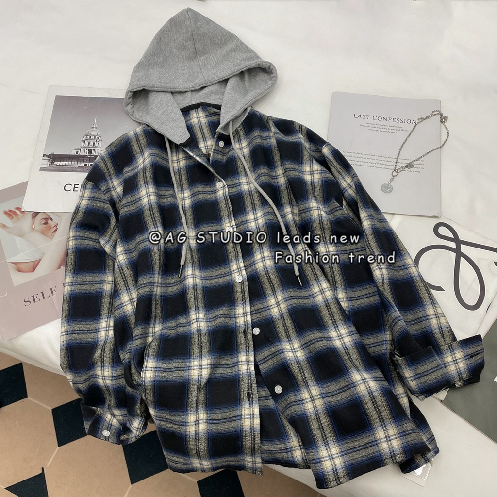 Áo Sơ Mi Kẻ Caro DÁNG HOODIE Có Mũ Nam Nữ Dài Tay Unisex Chống Nắng Phong Cách Hàn Quốc