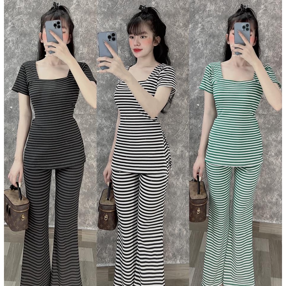 Đồ bộ nữ, set đồ bộ quần ống loe đai cao có túi, áo ôm ngắn tay xẻ lai cổ vuông vải thun cotton gân dày, đồ mặc nhà nữ
