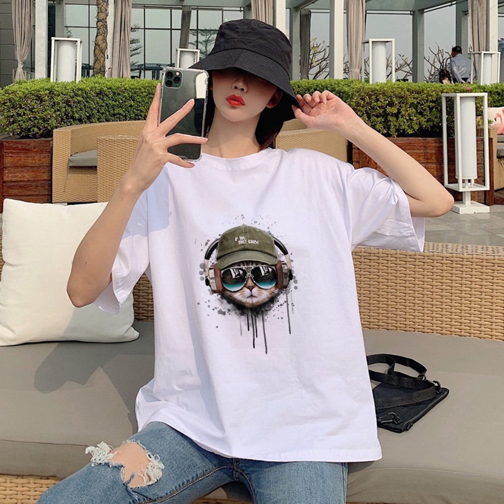 Áo Thun Tay Lỡ In Nhiệt Mèo Nghe Nhạc Unisex chất Cotton phong cách Ulzzang ATIN52 - Áo Phông unisex Cotton cao cấp | BigBuy360 - bigbuy360.vn