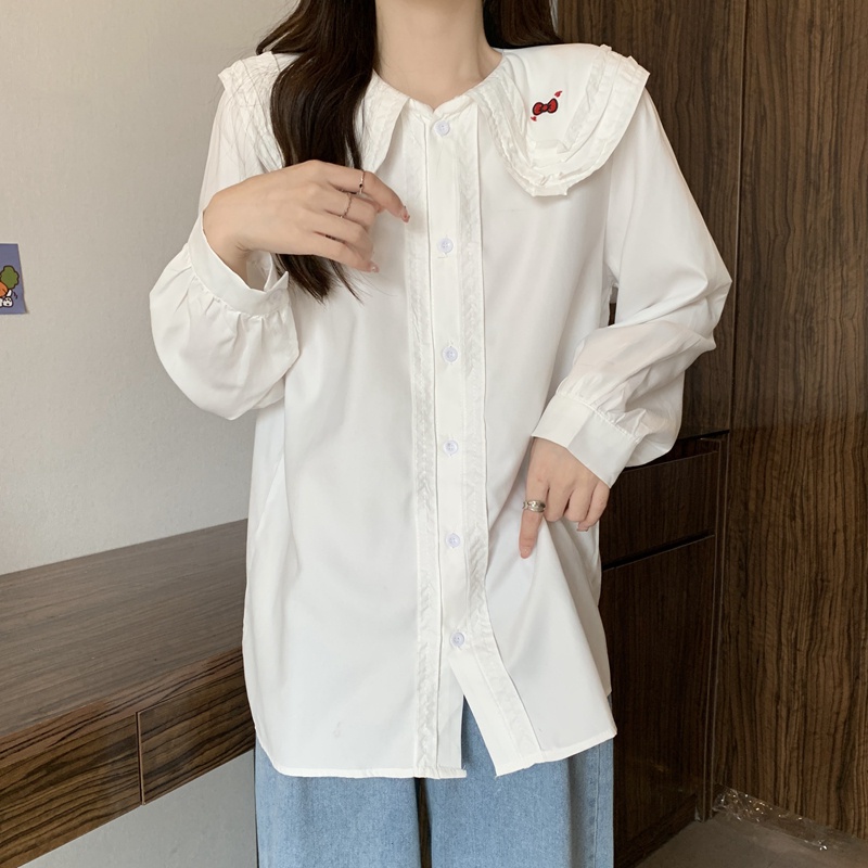 SUXI Áo Sơ Mi Tay Dài Dáng Rộng Cổ Búp Bê Màu Sắc Ngọt Ngào Xinh Xắn