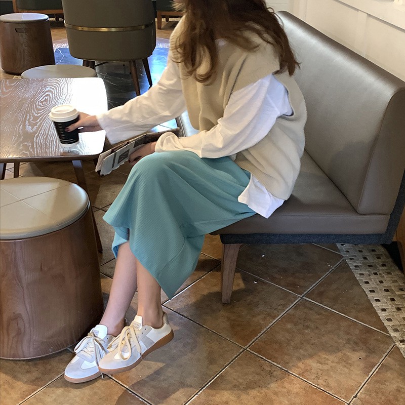 Chân váy Midi dài Xẻ sau Lưng cao Màu trơn Ulzzang Kiểu dáng Hàn Quốc Chân váy Midi dài Cạp cao Thời trang | BigBuy360 - bigbuy360.vn