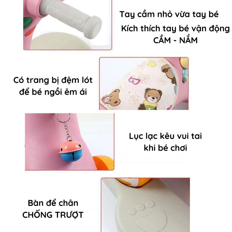 Ngựa bập bênh cho bé có bánh xe kiêm chòi chân AIQ 2 in 1 phát nhạc vui nhộn, xe bập bênh cho bé vận động