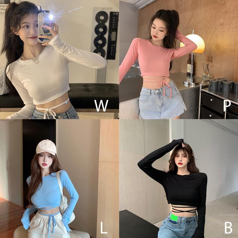 Áo thun crop top tay dài cổ tròn màu trơn đơn giản phong cách Hàn Quốc thời trang cho nữ