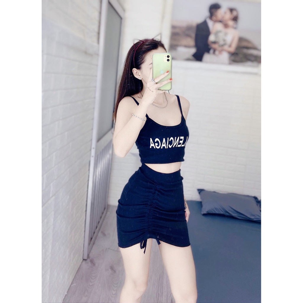 set xinh áo croptop 2 dây chân váy rút xinh cực hot hti ảnh thật