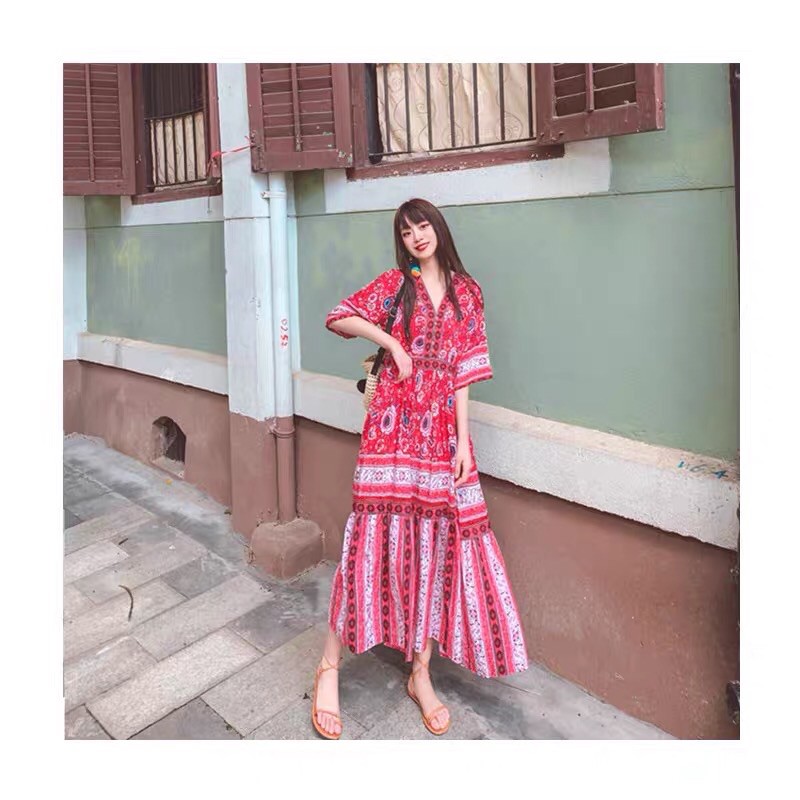 (Ảnh thật) Váy đầm maxi boho thổ cẩm vintage cổ v tay ngắn dáng dài hoạ tiết form suông rộng đi du lịch đi chơi đi biển