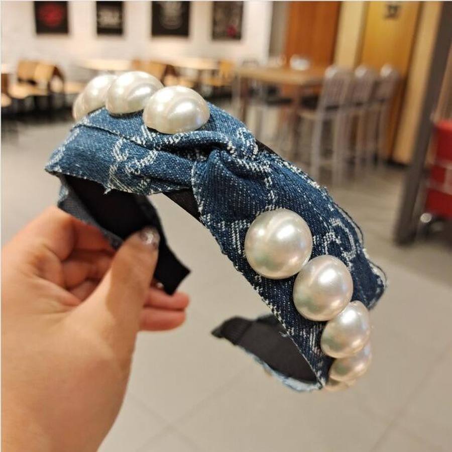 Băng Đô Vải Denim Đính Ngọc Trai Nhân Tạo Thời Trang Sang Trọng