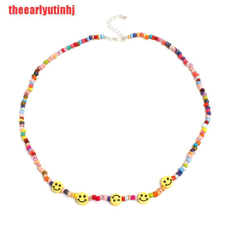 INHJ Bohemia Colorful Beads Smile Face Choker Necklace Clavicle Summer Jewelry Gift