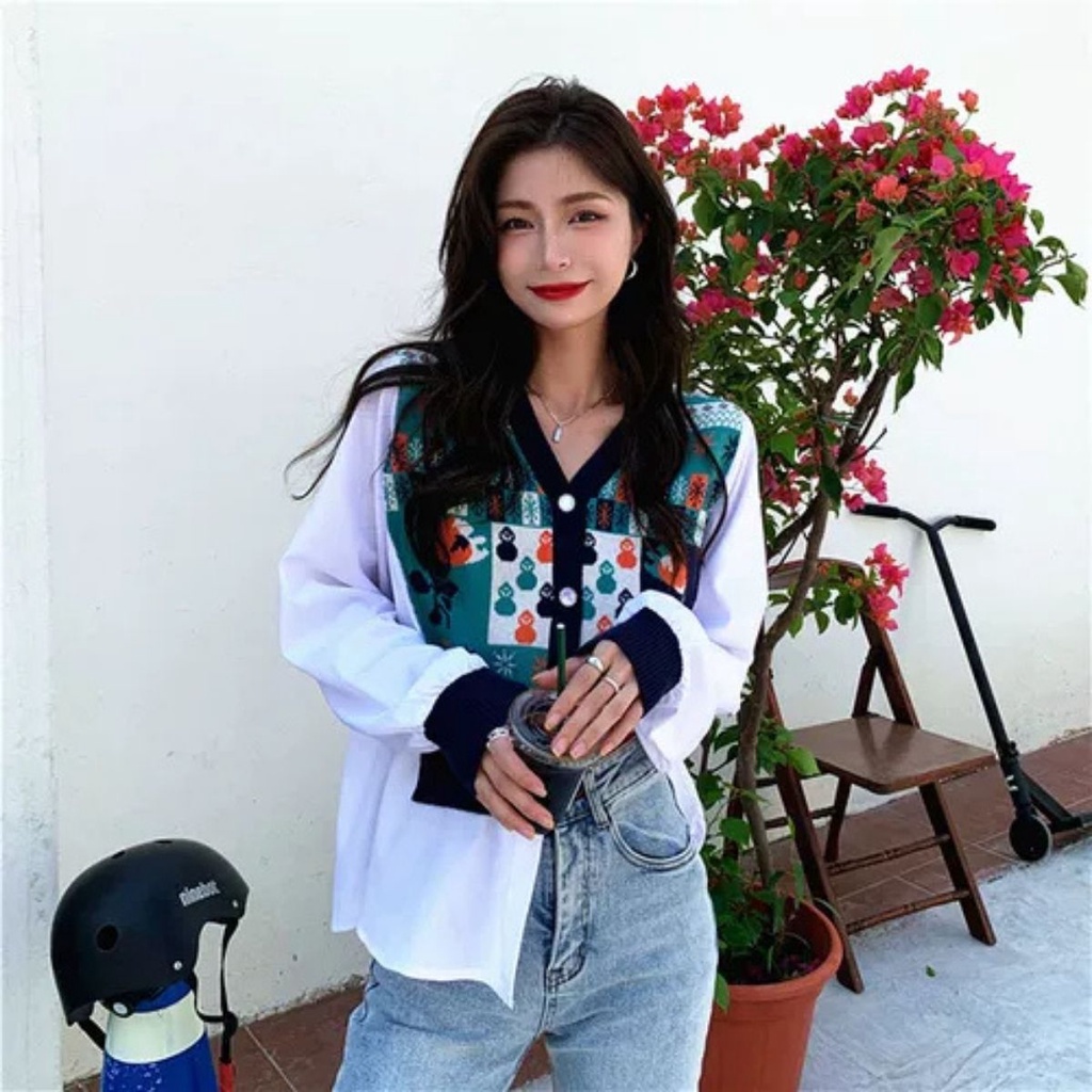 Áo len nữ , sơ mi nữ form rộng phối len nhiều họa tiết phong cách Hàn Quốc siêu đẹp C21 | BigBuy360 - bigbuy360.vn